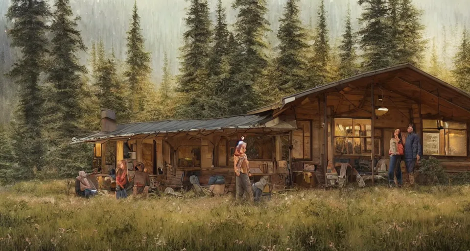 Image similar to cabela's beautiful comfortable modular pop - up insulated all terrain family dwelling, cabin,, person in foreground, mountainous forested wilderness open fields, beautiful views, painterly concept art, joanna gaines, environmental concept art, farmhouse, magnolia, concept art illustration, by james gurney, by craig mullins, by greg rutkowski trending on artstation