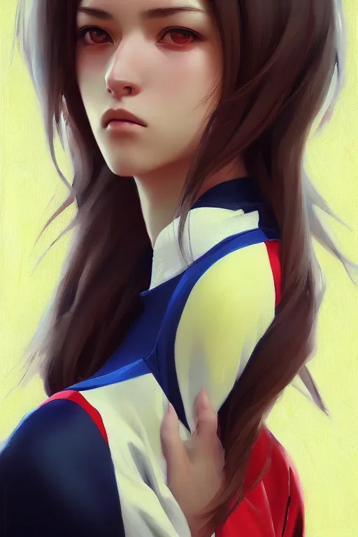 Image similar to a ultradetailed beautiful panting of a stylish woman wearing a volleyball jersey, detailed face, oil painting, by ilya kuvshinov, greg rutkowski and makoto shinkai