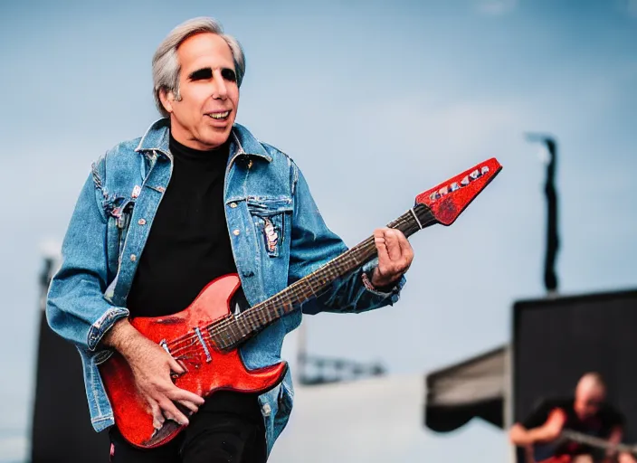 Prompt: photo still of henry winkler on stage at vans warped tour!!!!!!!! at age 3 3 years old 3 3 years of age!!!!!!!! shredding on guitar, 8 k, 8 5 mm f 1. 8, studio lighting, rim light, right side key light