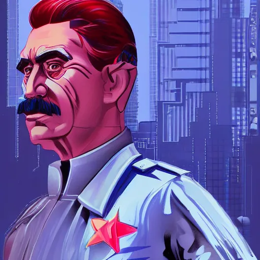 Image similar to cyberpunk joseph stalin as the leader of a futuristic communist society, cybernetics, sharp lines, digital, artstation, colored in