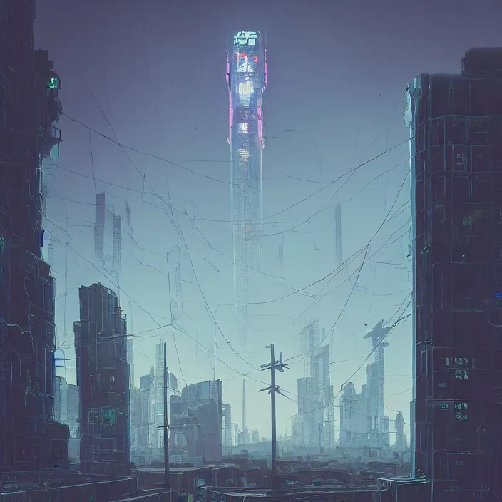 Prompt: Evil cyberpunk tower, reaching the clouds, with a cyberpunk street view below, art by Simon Stalenhag
