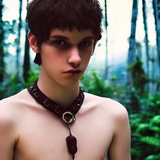 Image similar to a teenage boy, around 2 2 yo. choker necklace. natural brown hair. loincloth, pale skin. detailed face. ominous and eerie looking jungle in background. natural colors. hyperrealistic photo.