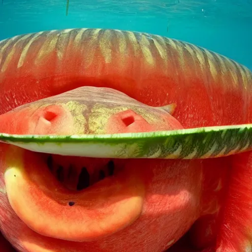 Prompt: a giant 10ft goldfish biting into a watermelon, real, unusual photo, cinematic, award winning photo, National Geographic, rare fish, goldfish, monster fish,