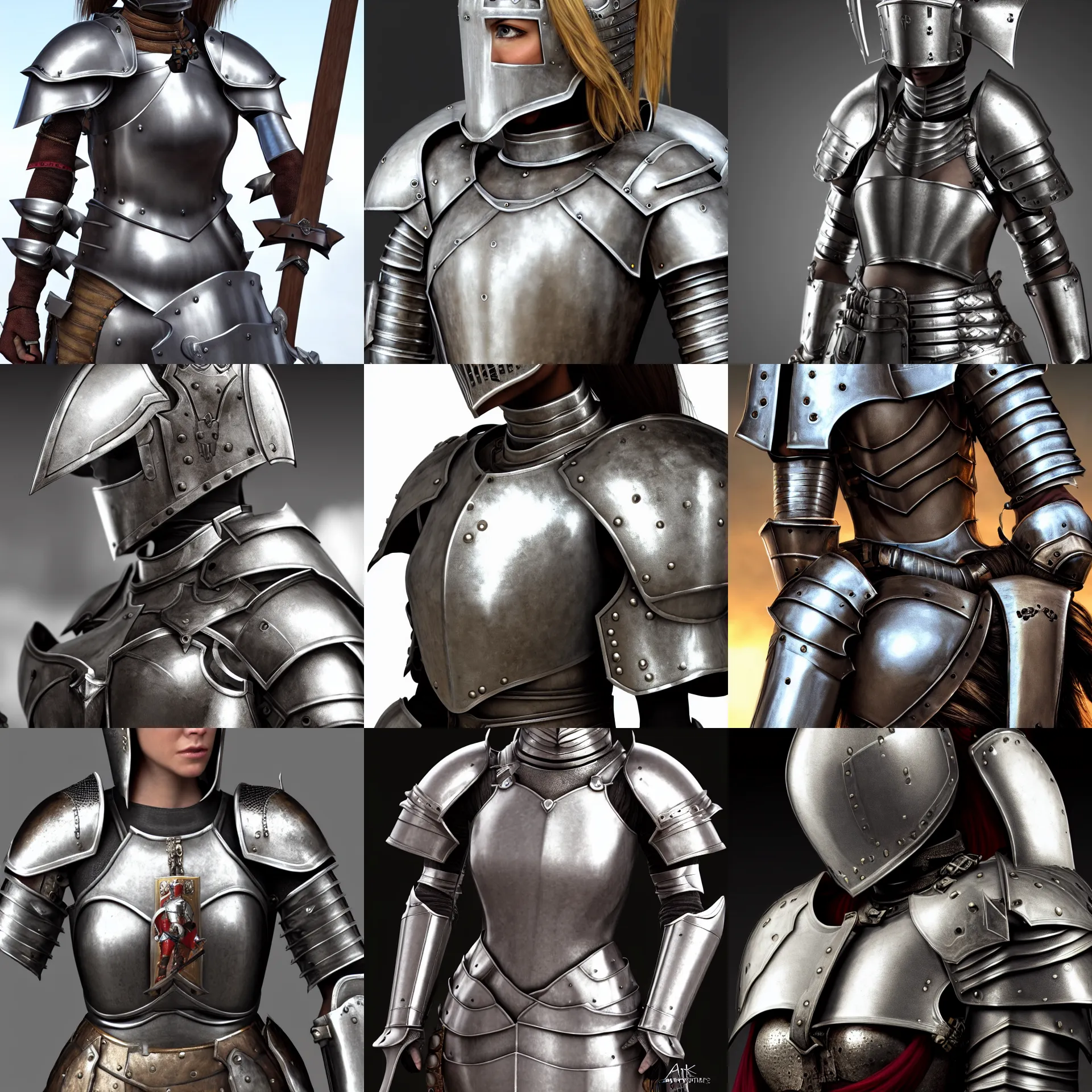 Image similar to perfectly centered close up portrait of a female knight in full body armor, candid photography, by anne stokes, updo, highly detailed, unreal engine 5