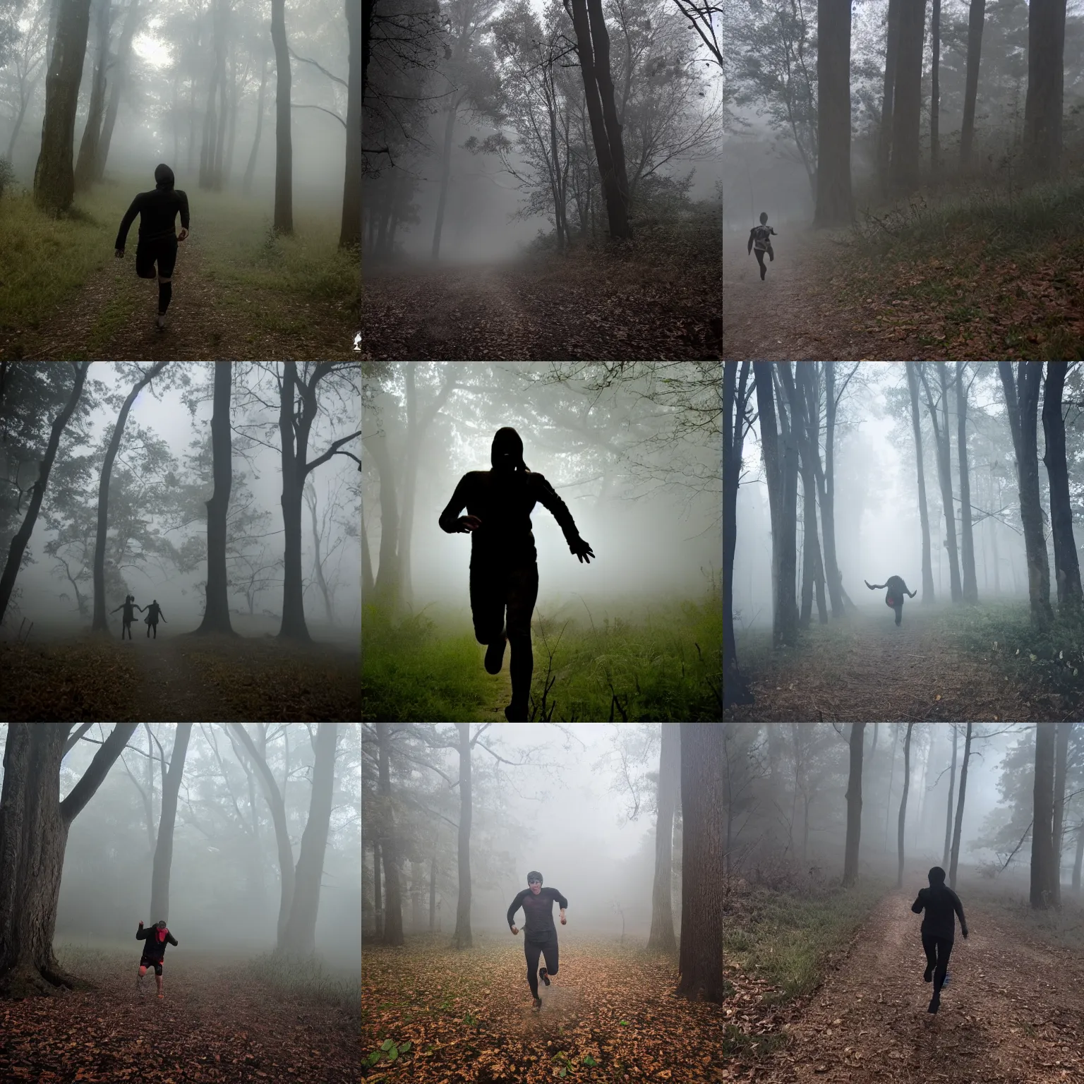 Prompt: being chased through the woods by a screaming demon in the fog,