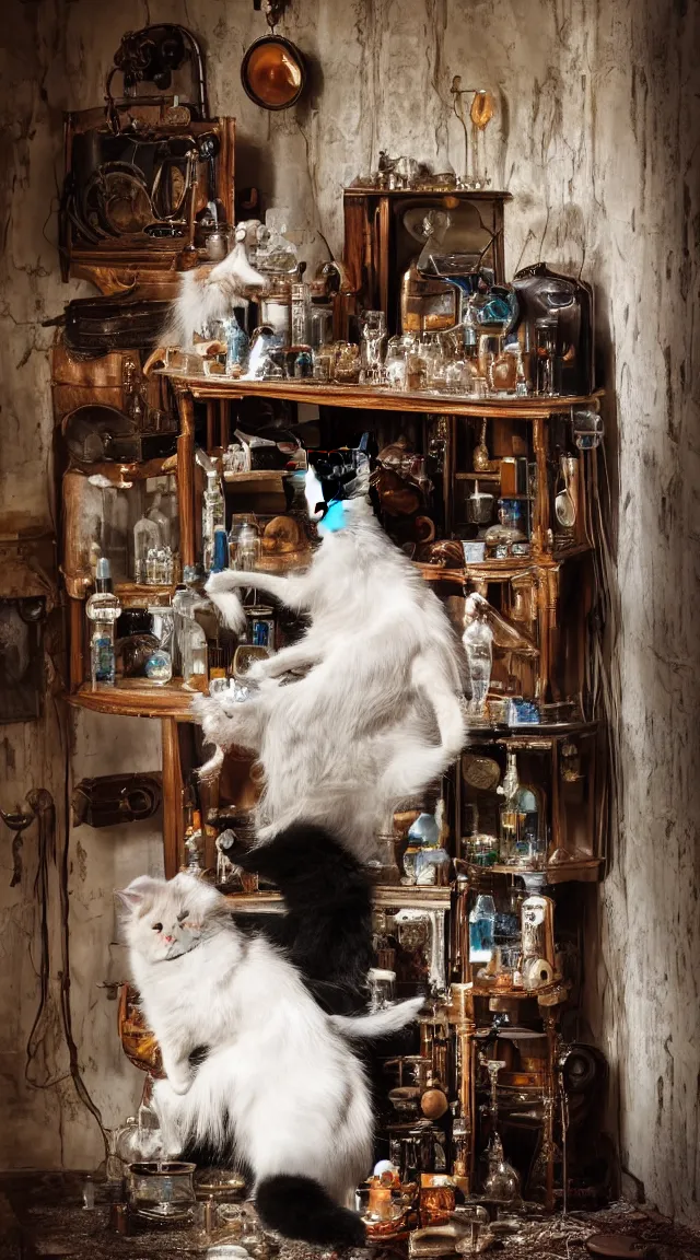 Prompt: full body protrait beautifull witch with white hair in old room. A cristal ball on a wood table with a potions and old instruments. A cat on the floor licking his paw. photorealistic, profesional photo, by Steve McCurry