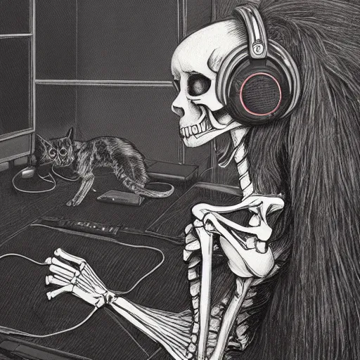 Image similar to skeleton wearing headphones, watching girl playing guitar while her black cat standing next to her, detailed intricate ink illustration, dark atmosphere, detailed illustration, hd, 4k, digital art, overdetailed art, by greg rutkowski, by loish, complementing colors, Trending on artstation