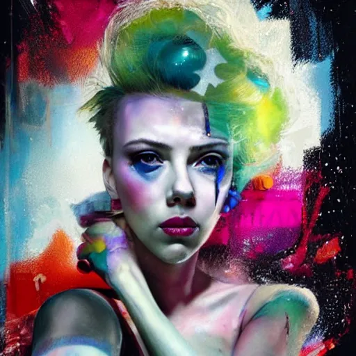 Prompt: scarlett johansson as delirium from sandman, ( hallucinating colorful soap bubbles ), by jeremy mann, by sandra chevrier, by jamie hewlett and richard avedon, punk rock, tank girl, high detailed, 8 k