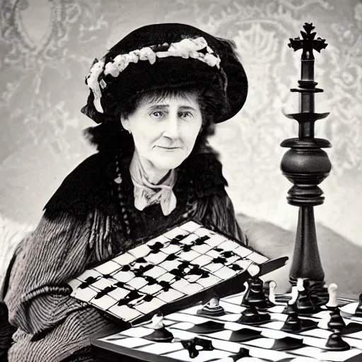 Prompt: An Edwardian woman posing with a chessboard in the style of Moomin 90s anime