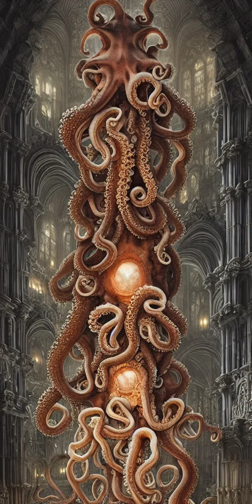 Image similar to group of mankind species mages with enormous translucent octopus heads floating around inside an ancient mage castle hall colossal scale, gothic and baroque, brutalist architecture, ultradetailed, intricate details by Ellen Jewett and Josan Gonzalez and Giuseppe Arcimboldo