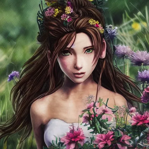 Image similar to concept art of aerith gainsborough with tattoos, amongst flowers, high quality, detailed, trending on artstartion