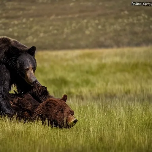 Image similar to realistic photo of a human - size black spider fighting a grizzly bear in a meadow