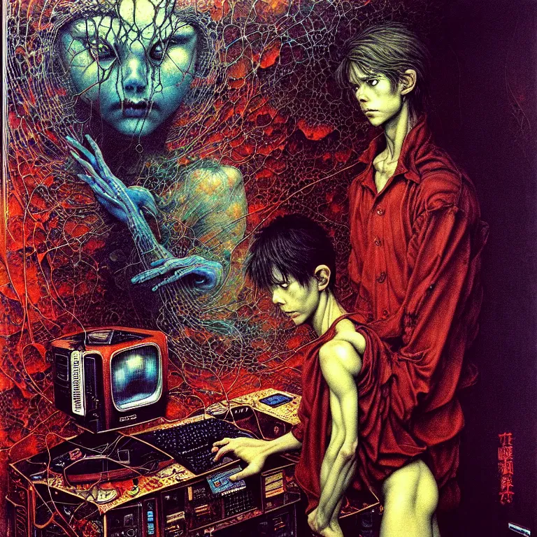 Image similar to a figure of a boy in front of a pc computer monitor in an old soviet apartment by ayami kojima, amano, karol bak, neo - gothic, gothic, rich deep colors. beksinski painting, from a movie by david cronenberg. art by takato yamamoto. masterpiece. realistic detailed image