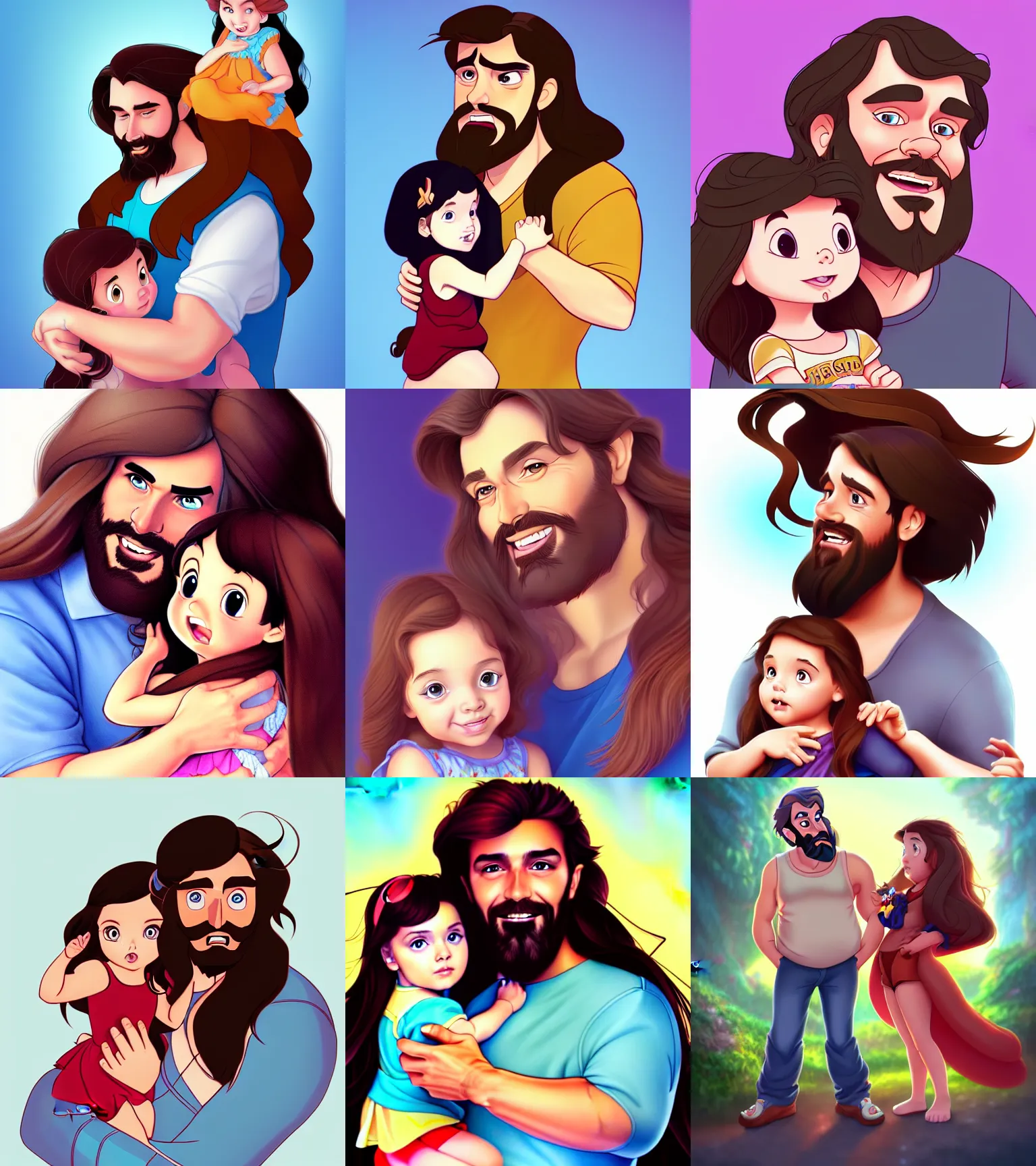 Image similar to a long - haired bearded father and his brunette child toddler girl full color digital illustration in the style of don bluth, artgerm, artstation trending, 4 k