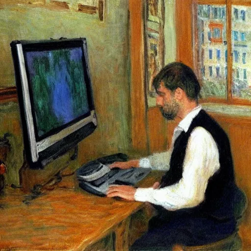 Image similar to monet painting of a skinny man playing warzone on a computer, a soccer game is on the tv behind him, highly detailed, realistic,