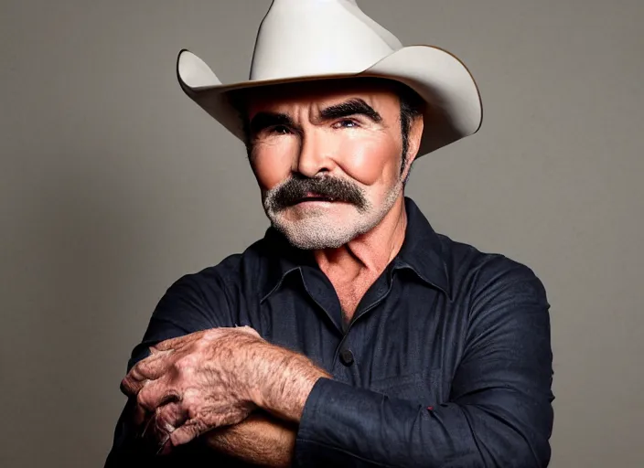 Prompt: studio portrait photo still of 3 0 year old burt reynolds!!!!!!!! at age 3 0 3 0 years old 3 0 years of age!!!!!!! wearing a cowboy hat holding a bucket of fried chicken, 8 k, 8 5 mm f 1. 8, studio lighting, rim light, right side key light