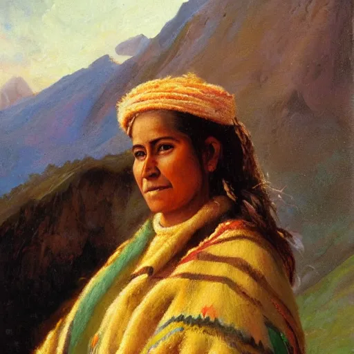 Image similar to portrait of a south American woman wearing a poncho and holding a llama on top of a mountain on the andes, oil painting, soft colors