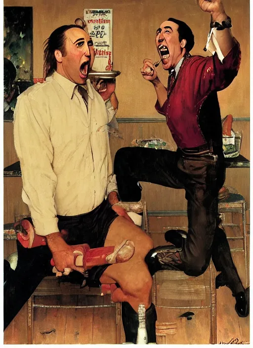 Image similar to full body and head portrait of nicholas cage screaming about crazy evil in a restaurant and being restrained by the manager, painted by norman rockwell and tom lovell and frank schoonover