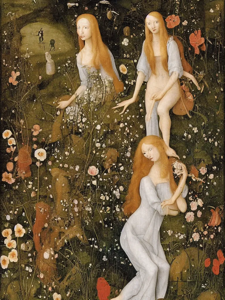 Image similar to elf maiden with long golden hair, wearing alexander mcqueen dress, sitting among flowers in the garden in the style of hieronymus bosch,