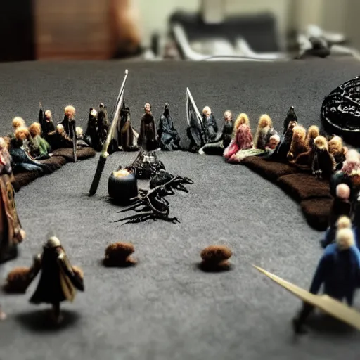 Prompt: needle felt action shot of the council of the ring, lotr, dramatic lighting, creepy, dslr, tilt shift, extremely textured, realistic hyper detailed