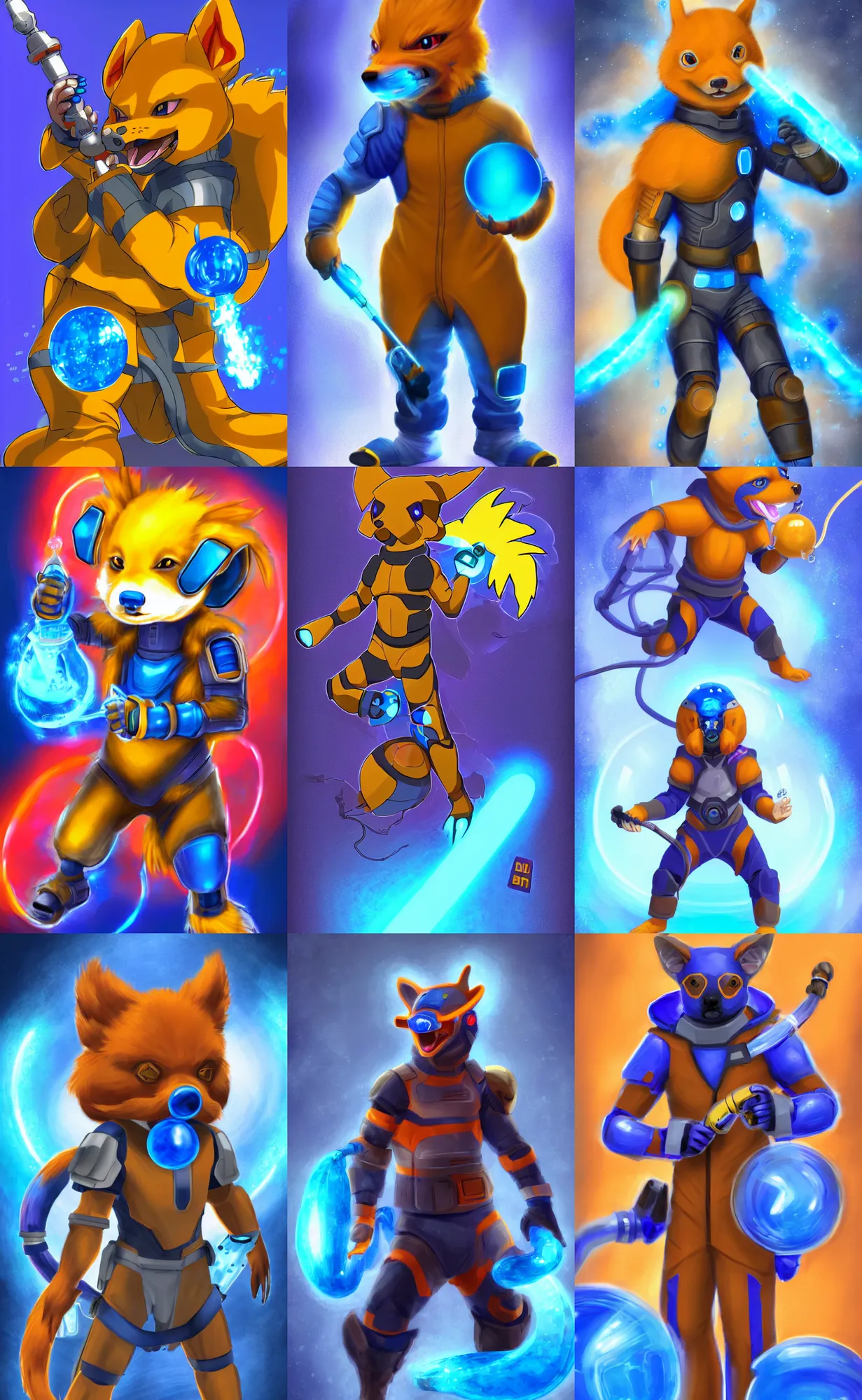 Prompt: young male cyborg with a buizel - inspired suit, buizel head, buizel tail, buizel fur, wielding a blue waterball, digital art, rich iridescent colors, d & d, very detailed, symmetrical, 8 k hd, trading card fond, futuristic