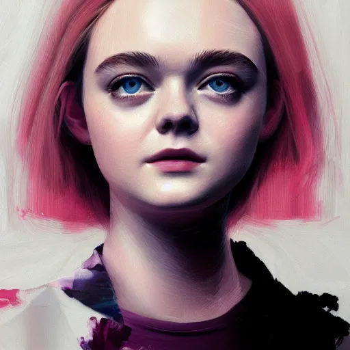 Prompt: professional painting of Elle Fanning in the style of Ilya Kuvshinov, head and shoulders portrait, symmetrical facial features, smooth, sharp focus, illustration, intricate, stormy weather, extremely detailed masterpiece,