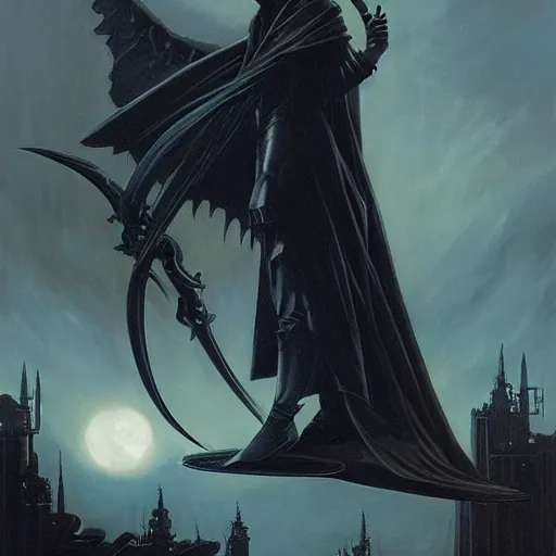 Prompt: Huge, looming silhouette of a sharp scythe above a gothic moonlit city, endless darkness surrounding, haunting, trending on artstation, 2017 art by Gerald Brom