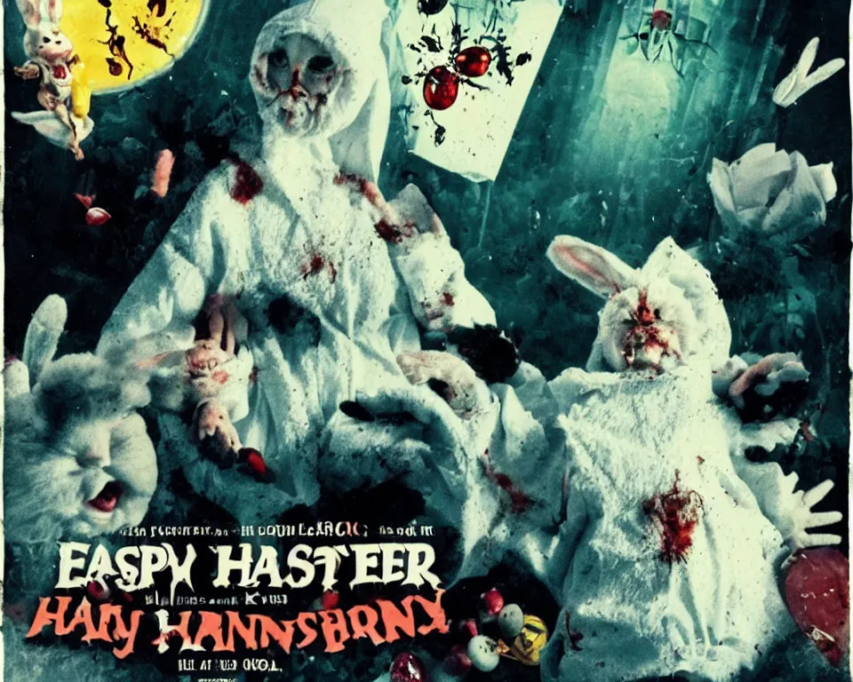 Image similar to a horror movie poster featuring the Easter Bunny