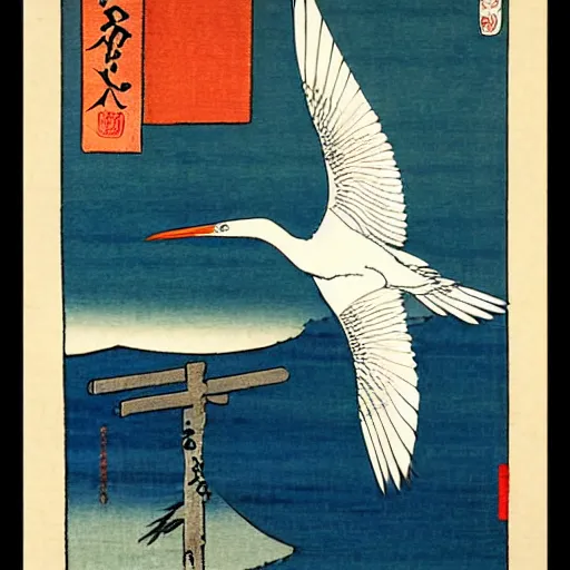 Prompt: a flying egret, traditional japanese tattoo illustration by hiroshige