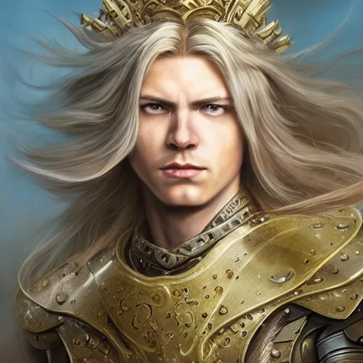 Image similar to portrait, long - haired fantasy paladin in shining armor, blond, rpg game, stern expression, long hair, highly detailed, digital painting, artstation, concept art, smooth, sharp focus, illustration, artgerm, tomasz alen kopera, peter mohrbacher, donato giancola, joseph christian leyendecker, wlop, frank frazetta