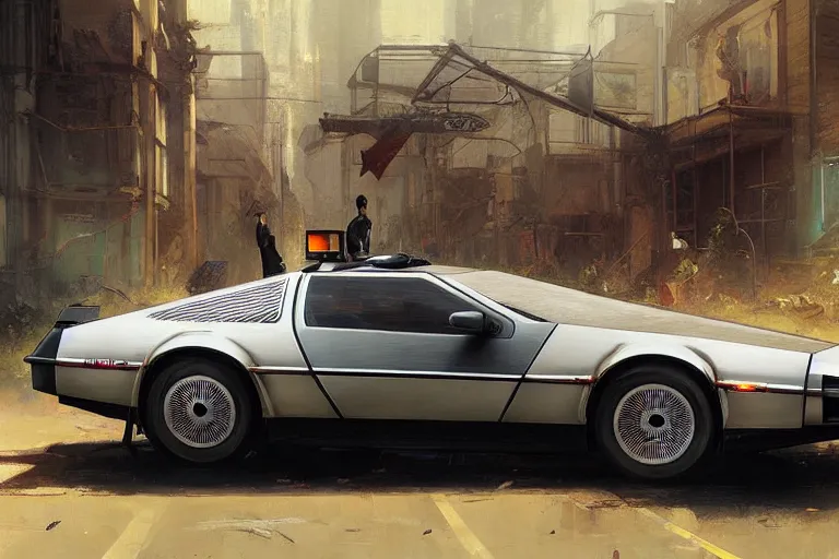 Image similar to photograph of the delorean, with a sleek spoiler, driving down the streets of a cyberpunk abandoned city, by greg rutkowski, by stanley artgerm, by alphonse mucha