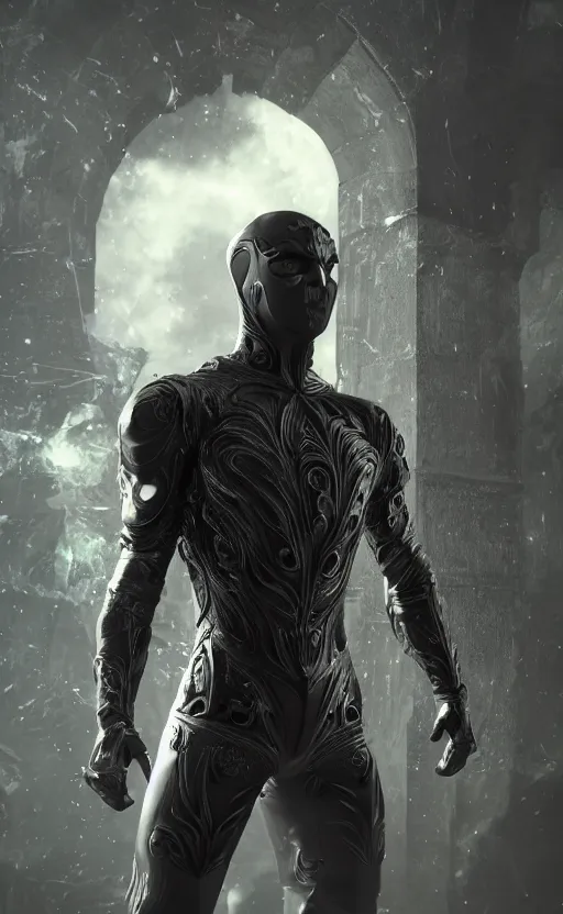 Image similar to dark superhero, male, unsettling religious imagery, gothic, ornate, skin - tight suit, flying, powers, magic, cinematic, ultrarealistic, intricate detail, finely detailed, small details, extra detail, high resolution, 3 d, volumetric lighting, octane render, 8 k, ultradetailed, photorealistic