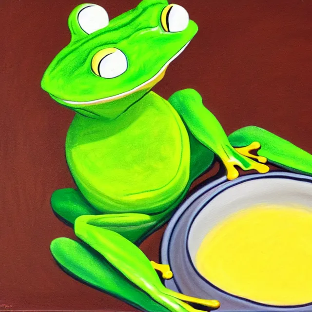 Image similar to painting of a smiling green frog with rosy cheeks stirring a steaming bowl of brown beans. the frog is in the sitting position and has a small yellow oval belly. green yellow pink splotchy background.