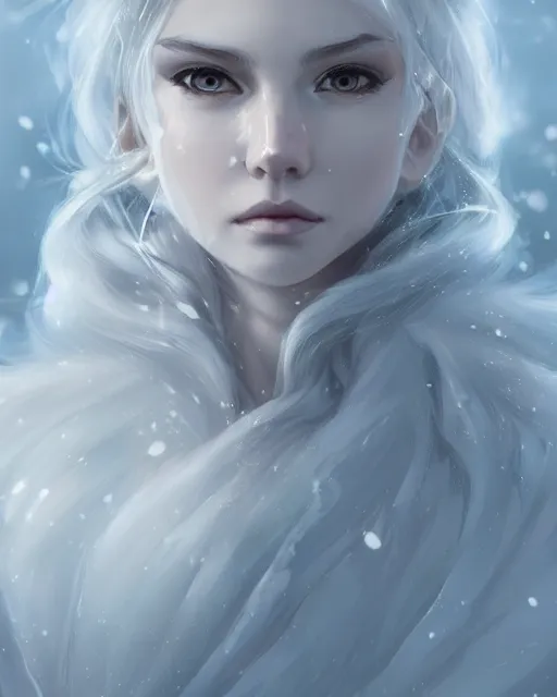 Image similar to portrait of a beautiful fierce snow goddess, flowy white grey hair, grey eyes, winter, frozen, snow, cinematic lighting, highly detailed, digital painting, trending on artstation, pixiv, concept art, sharp focus, illustration, art by ross tran and wlop