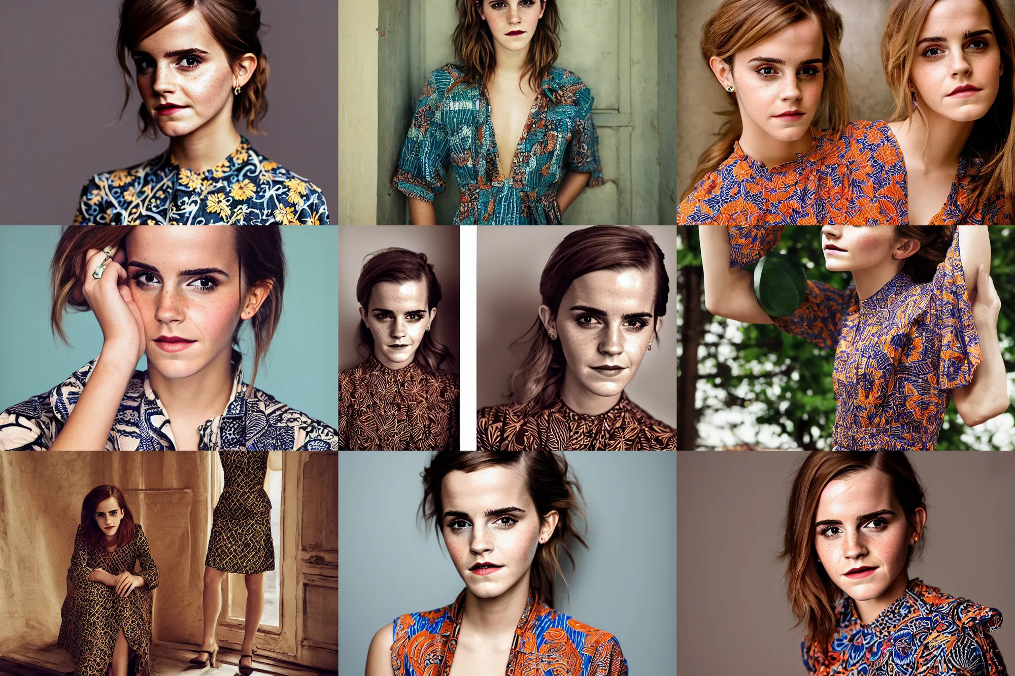 Prompt: a portrait of emma watson wearing batik dress, full body shot, perfect symmetrical body, perfect symmetrical face, by charlotte grimm, natural light, detailed face, canon eos c 3 0 0, ƒ 1. 8, 3 5 mm, 8 k, medium - format print