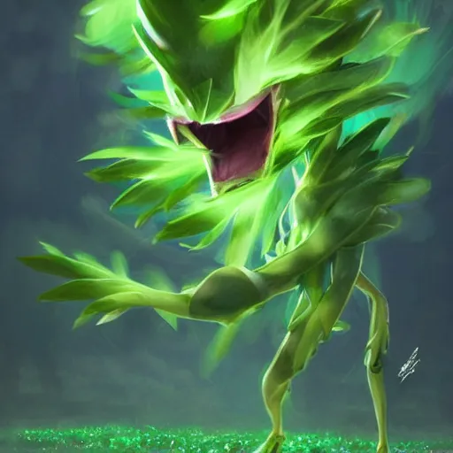 Image similar to a cute beautiful green plant type pokemon with beautiful happy smile, green feathers bursting out of his hair, full body portrait, highly detailed digital art, 3 d perspective, award - winning illustration, aesthetic, smooth, pokemon style, made by greg rutkowski, with an alien landscape in the background