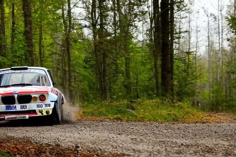 Image similar to A BMW 2002 rally car driving past a swedish village in the woods, high-speed sports photography