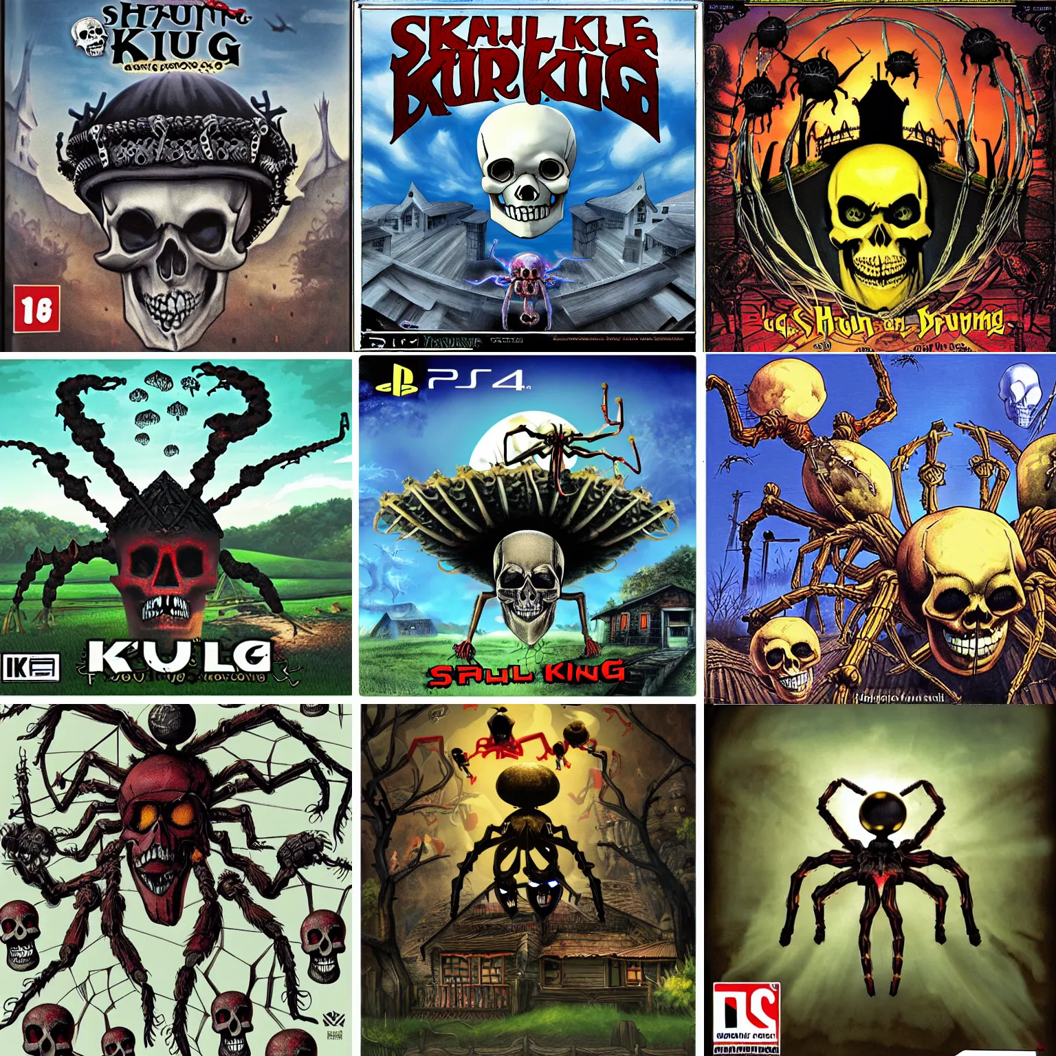 Prompt: skull spider king, hovering over a farmhouse, playstation 2 boxart