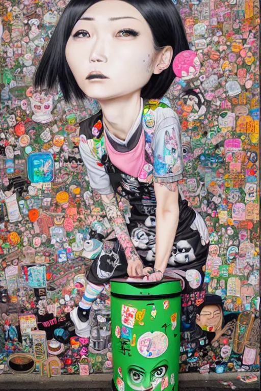 Image similar to full view, from a distance, of anthropomorphic taiwanese trashcan full of trash, style of yoshii chie and hikari shimoda and martine johanna, highly detailed