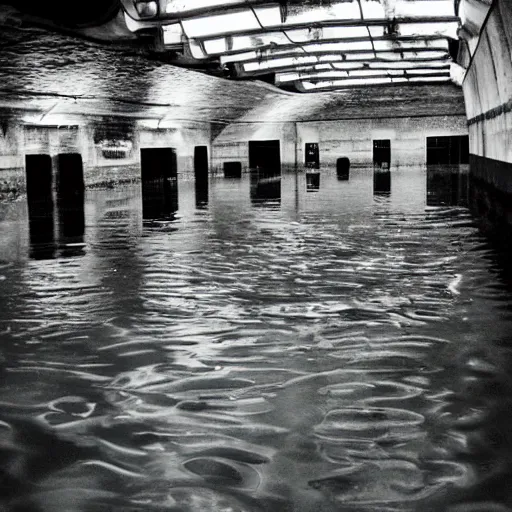 Image similar to flooded abandoned underground waterpark, liminal space, dark, eerie, creepy, dark lighting, liminal,