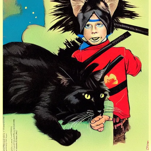 Prompt: a teenage boy with shaggy blond hair dressed as a black cat themed superhero. With cat ears, a tail, and a bell at his neck. Norman Rockwell, Ashley wood.