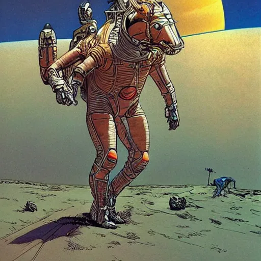 Image similar to Centaur wearing a spacesuit. Concept art by James Gurney and Moebius.