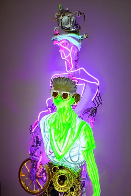 Image similar to full-body neon porcelain rococo futuristic style sculpture of a young handsome prince as a half-robot wearing retro shades, ruptured battery, leaking glowing neon radioactive liquid, electric sparks, glowing violet laser beam eyes, crown of giant diamonds, gold chain steampunk necklace, flowing purple satin, luminescent fabrics, mechanical roses. baroque and steampunk elements. full-length view. baroque element. intricate artwork by caravaggio. Trending on artstation, octane render, cinematic lighting from the right, hyper realism, octane render, 8k, depth of field, 3D