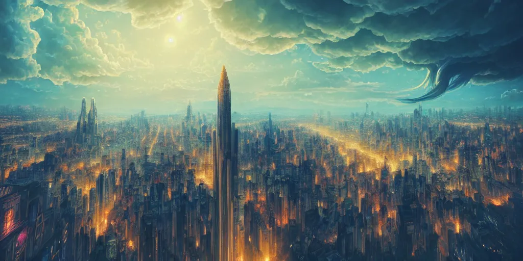 Image similar to city build on clouds, huge city, fantasy, highly detailed, high quality, 8 k, 4 k, octane render, digital painting, alena aenami, lilia alvarado, shinji aramaki, karol bak, alphonse mucha, tom bagshaw