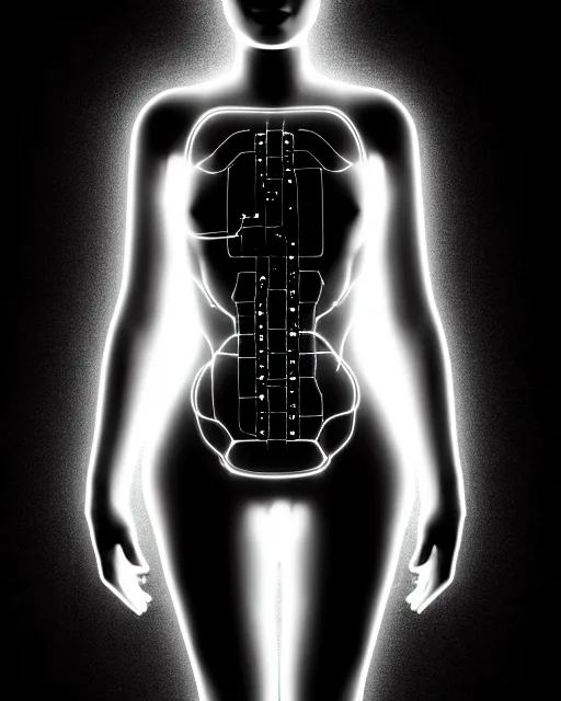 Image similar to black and white artistic photo, full figure, young female cyborg - vegetal, microchip, artificial intelligence, bio - mechanical bio - luminescence, black wired cables, cinematic, rim light, photo - realistic, 8 k