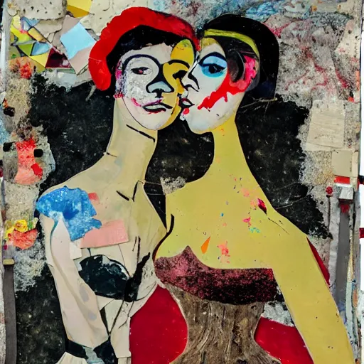 Image similar to two women kissing at a carnival in spain, mixed media collage, retro, paper collage, magazine collage, acrylic paint splatters, bauhaus, claymation, layered paper art, sapphic visual poetry expressing the utmost of desires by jackson pollock