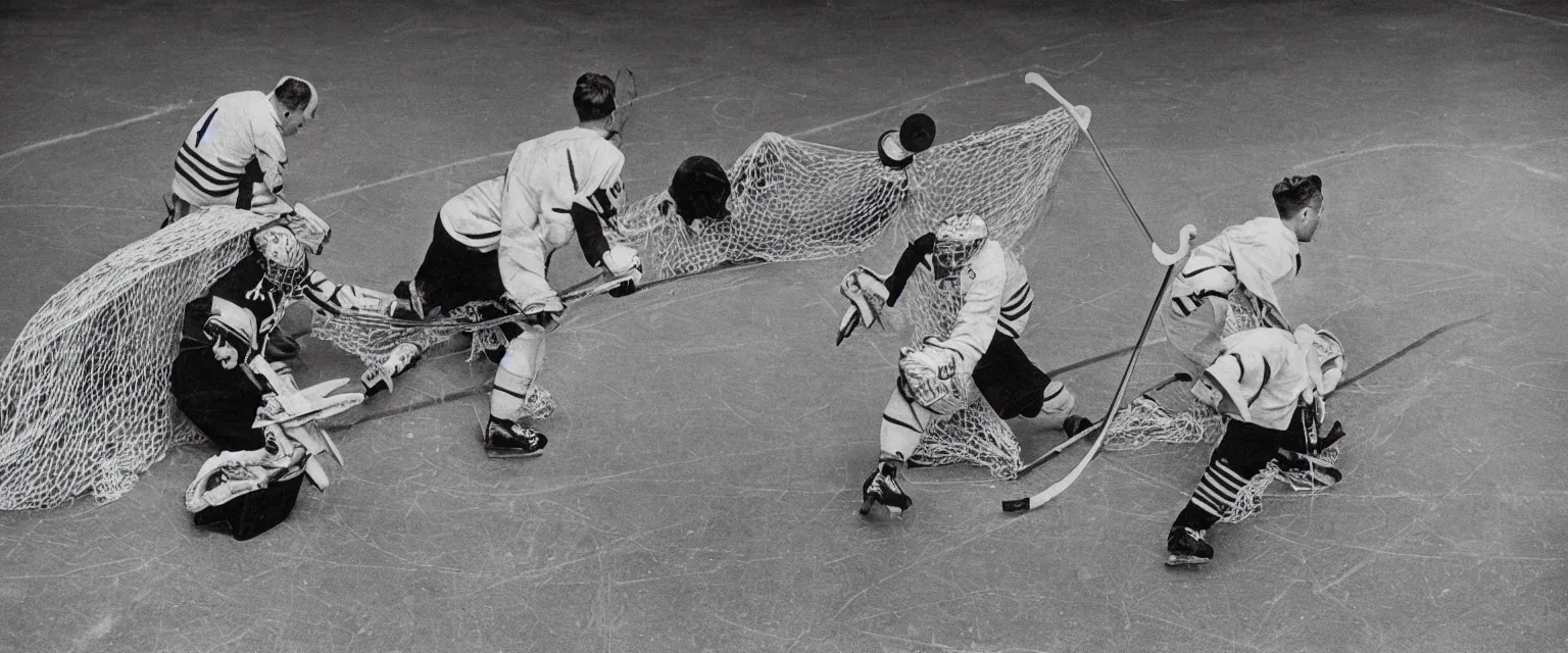 Image similar to detailed sharp photograph in the style of popular science circa 1 9 5 5 of a goalie at his net in a hockey game