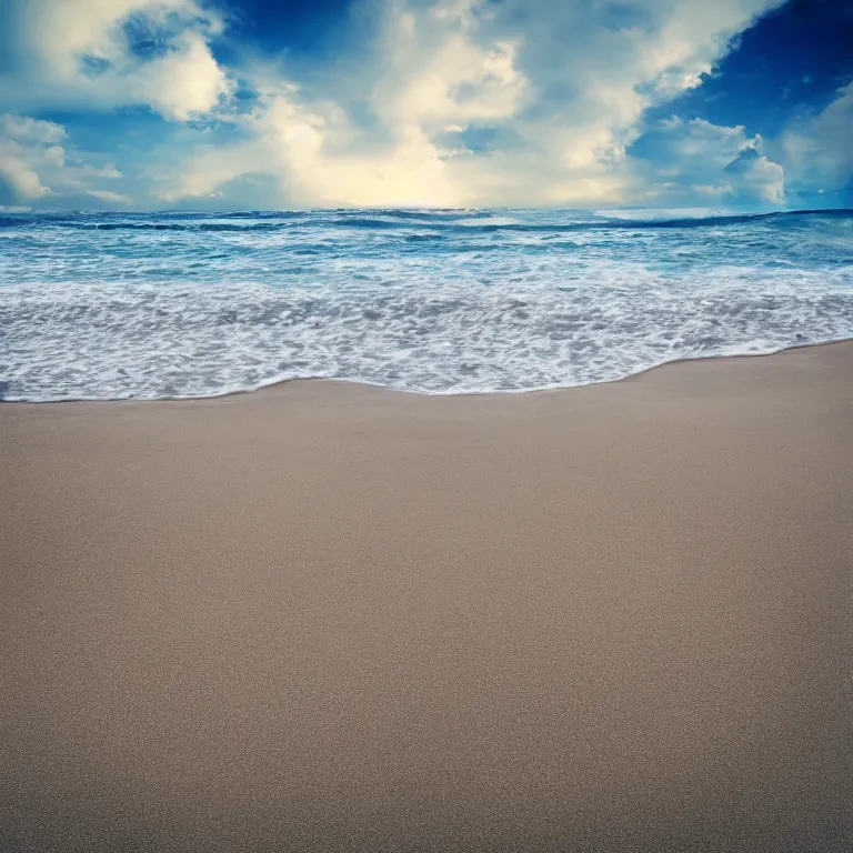 Image similar to surreal hyperrealistic photograph of a beach, shot toward the ocean