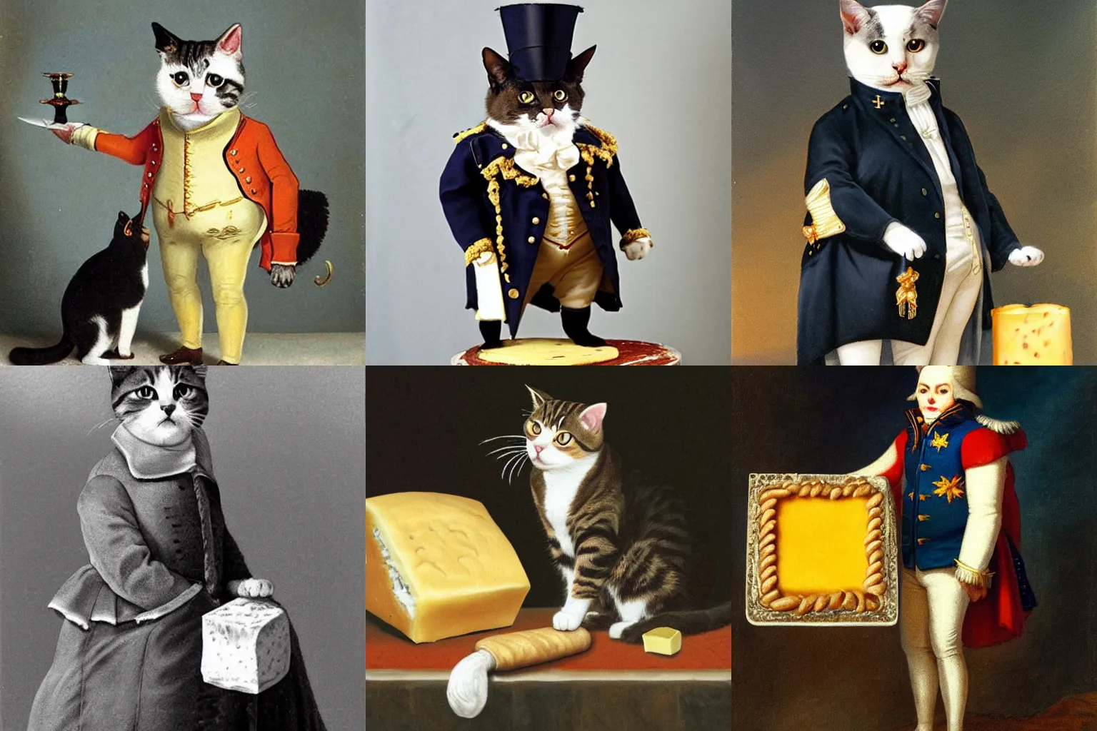 Prompt: a cat dressed as Napoleon holding cheese