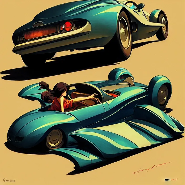 Image similar to fast car on highway, in the style of studio ghibli, j. c. leyendecker, greg rutkowski, artem